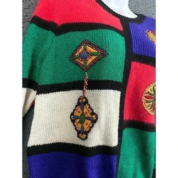 VTG Christine Hand Beaded Sweater SMALL Colorful Solid Back Knitted Crewneck - Picture 9 of 11
